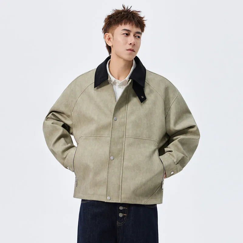 Large size men's PU leather coat with polo collar in khaki, shown on model, size 8XL available