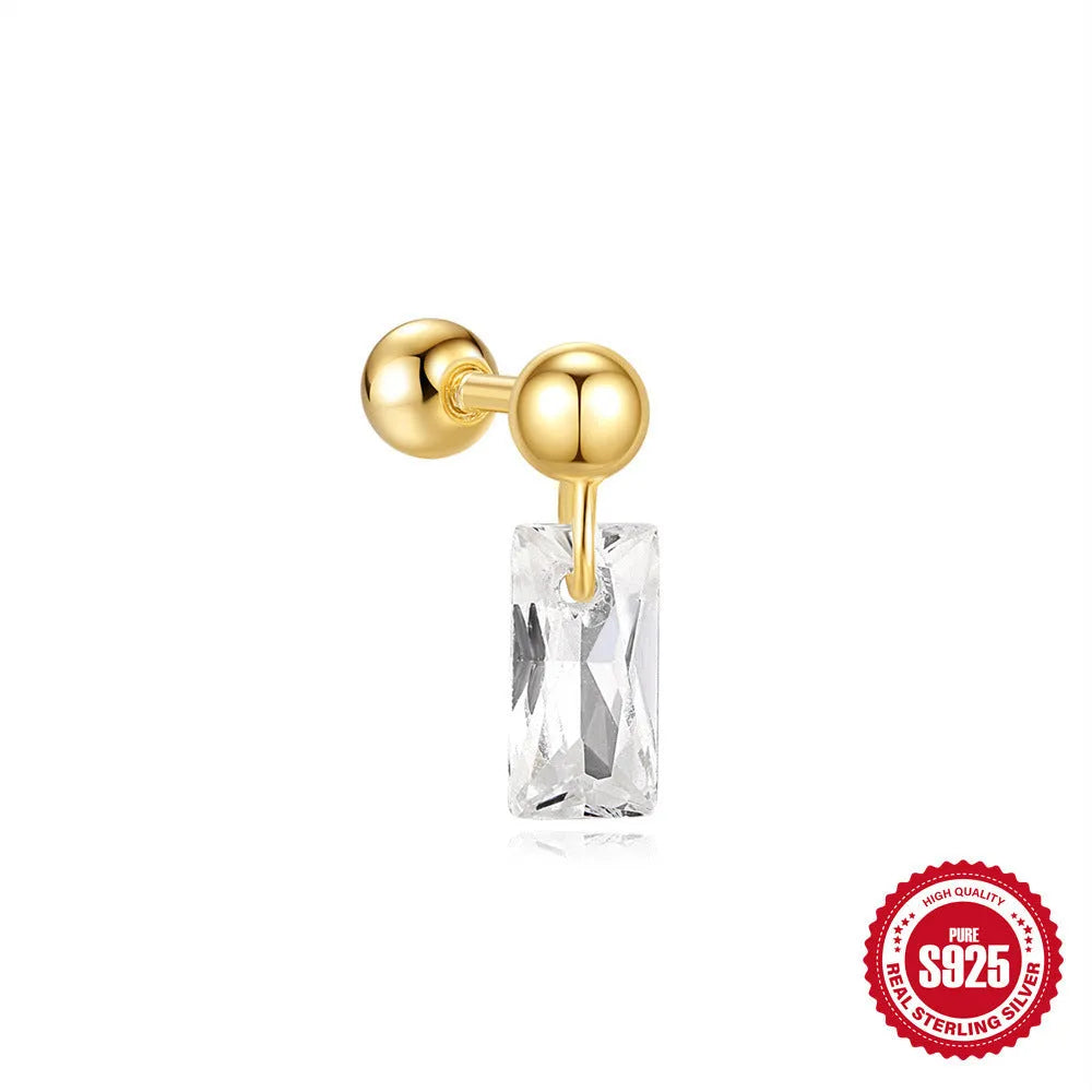 Close-up of S925 sterling silver square gravel flower stud earrings with a golden electroplated finish.