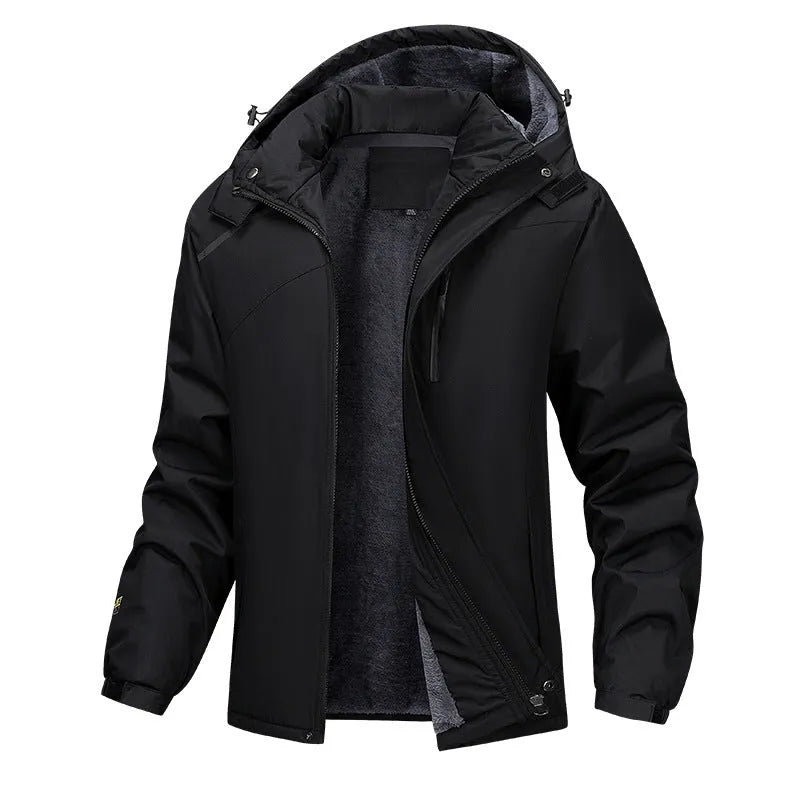 A man's loose-fitting hooded waterproof coat in army green, shown on a hanger.
