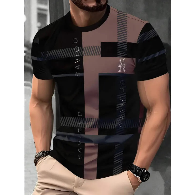 Men's loose fit short sleeve T-shirt with digital 3D printing stripes pattern in various colour styles