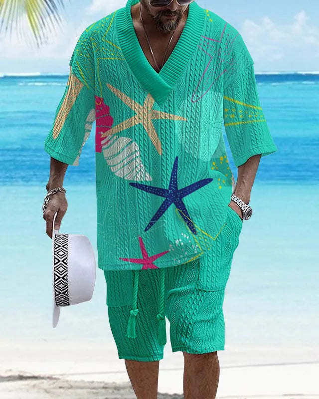 Loose casual short sleeve suit in polyester fibre with matching top and shorts