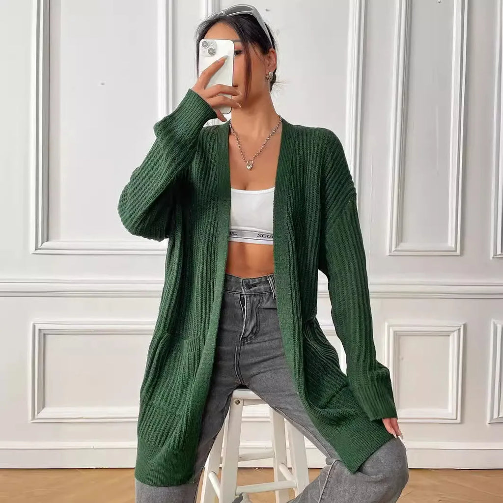 Women's loose fit acrylic cardigan with double pockets in dark green colour
