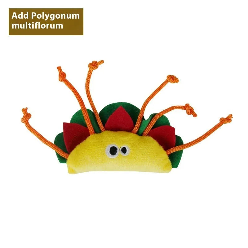 Six catnip plush pillow toys in burrito, cone, cucumber, mushroom, pineapple, and pizza styles