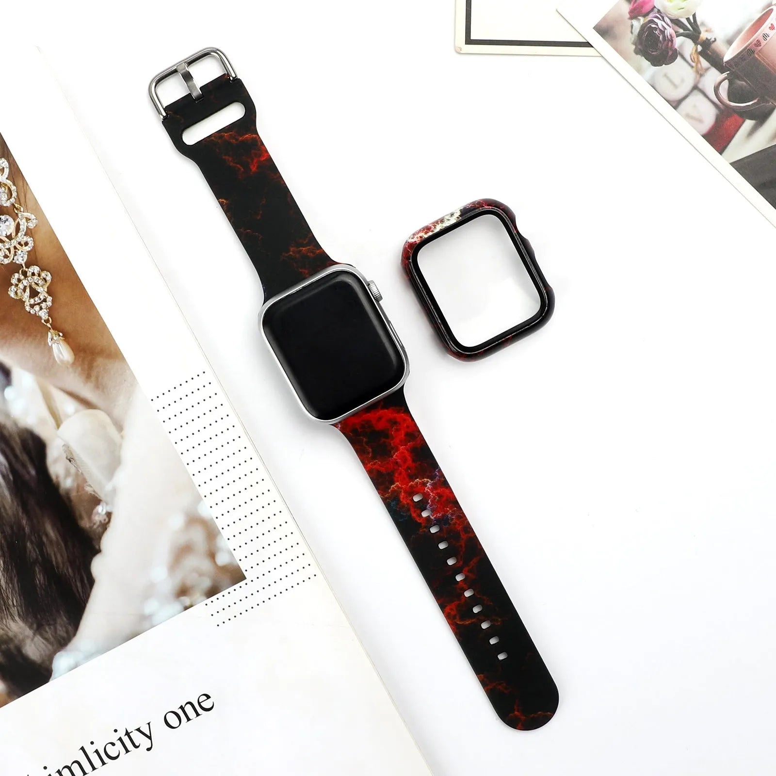 Printed silicone strap for Apple Watch showing design options and size variations