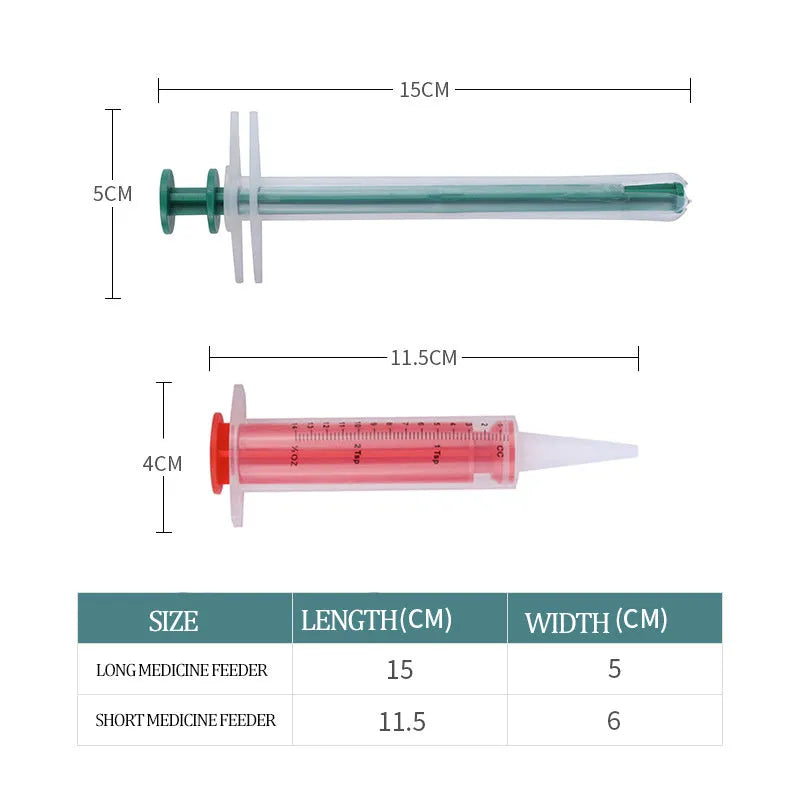 Two silicone pet pill shooter syringes with soft tips, one longer than the other, for administering tablets.