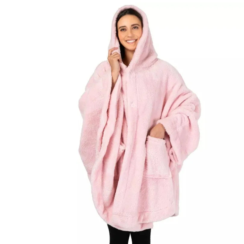 Super thick hooded bathrobe cloak in black, dark grey, or pink, showing cardigan style and long sleeves.