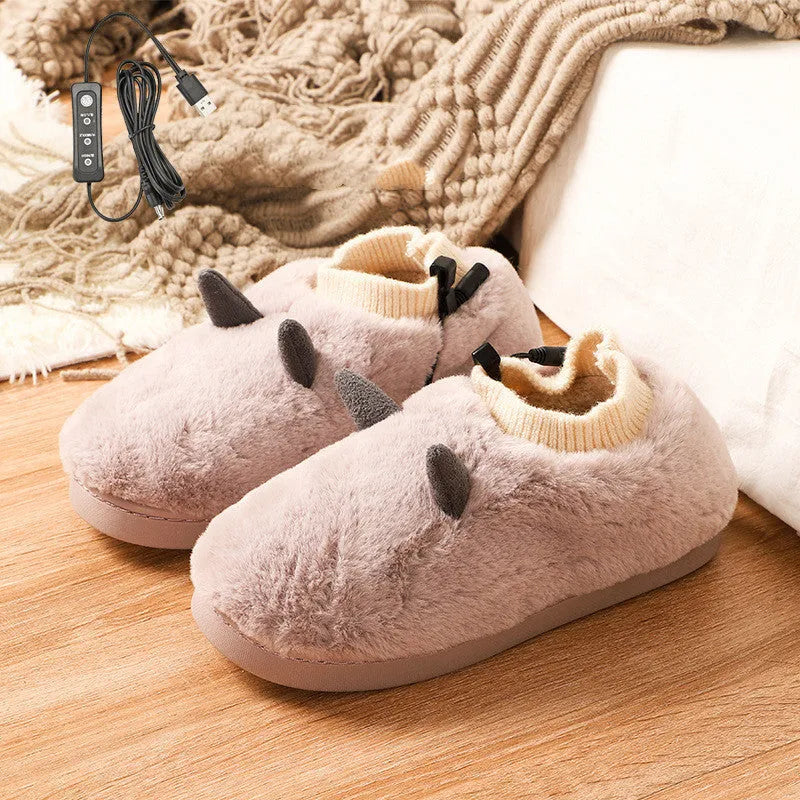 USB electric heating slippers in soft velvet, showing adjustable temperature controls and a connected USB cable.