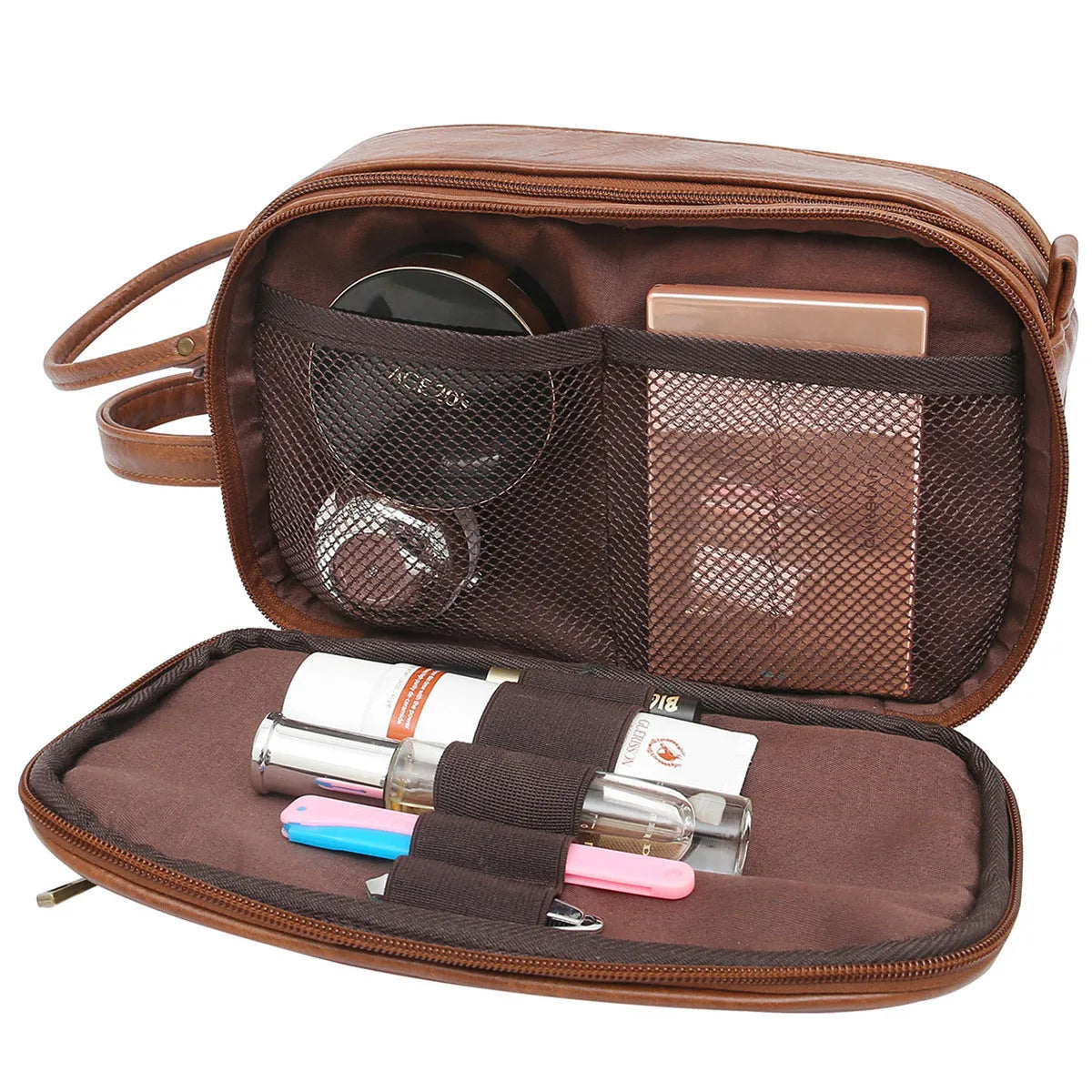Men's solid colour Pu toiletry bag for travel storage, shown in black and brown options.