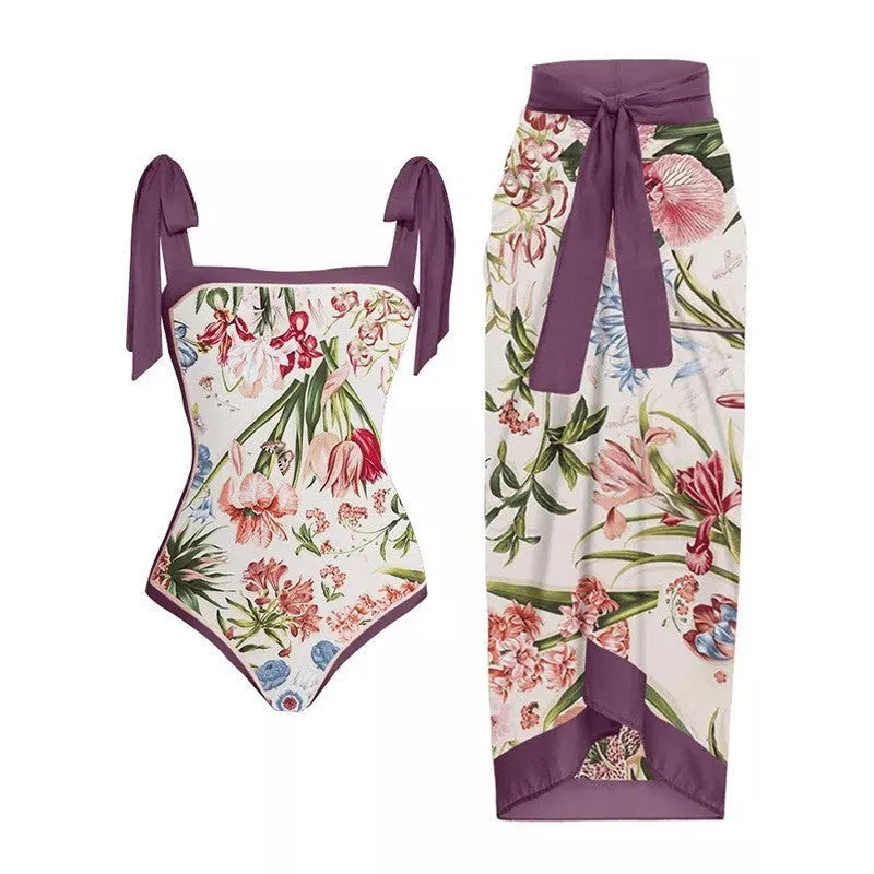 Women's retro floral one-piece swimsuit with chiffon skirt in multiple colour patterns