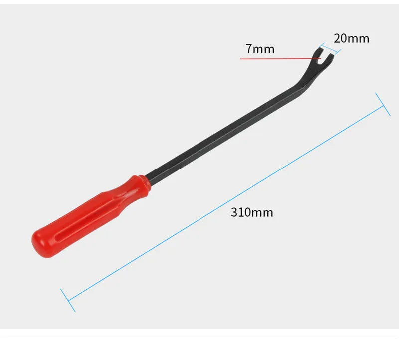 Red-handled steel automotive clip removal pliers for General Motors door panels.