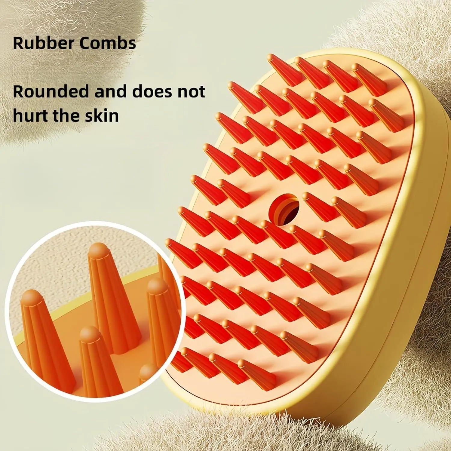 White and yellow rechargeable steam brush for grooming cats and dogs on a plain background