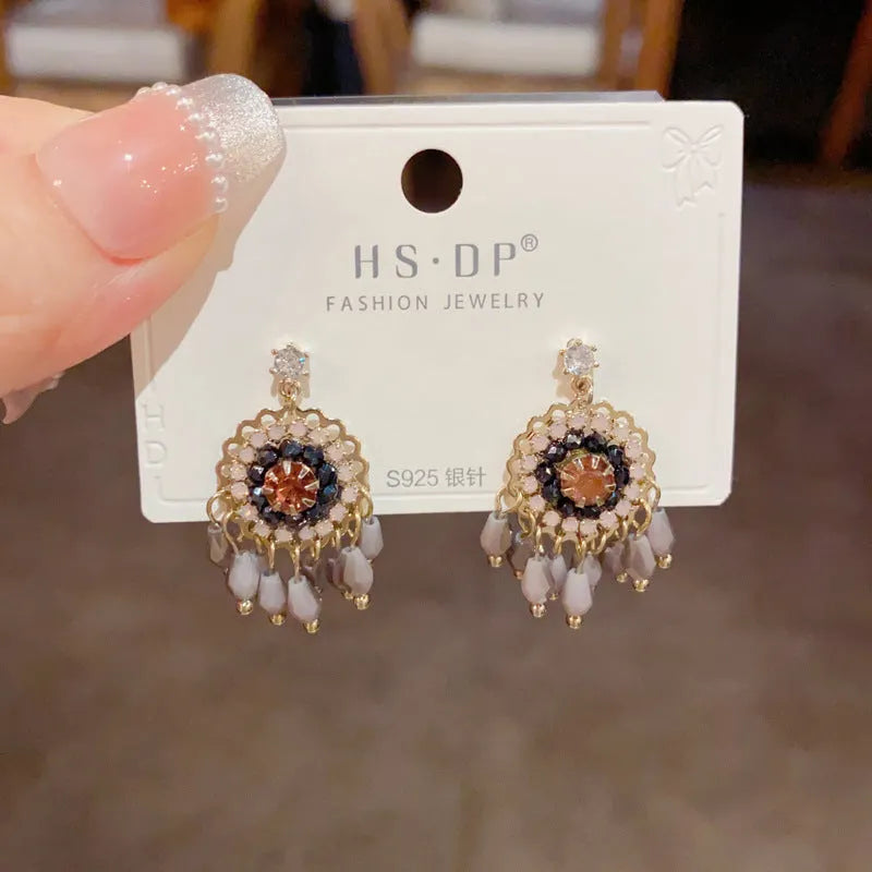 Diamond embedded round crystal tassel earrings in thick gold plated copper, geometric line style for women