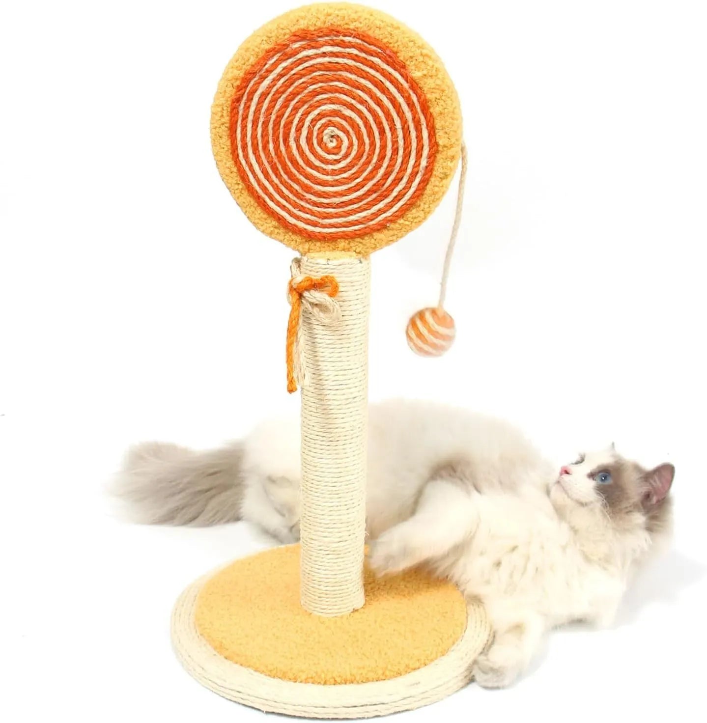 Blue cat scratching post with sisal rope and a hanging yellow ball on a sturdy base.