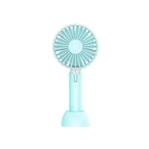 Blue mini handheld electric fan with USB cable showing three-speed control buttons