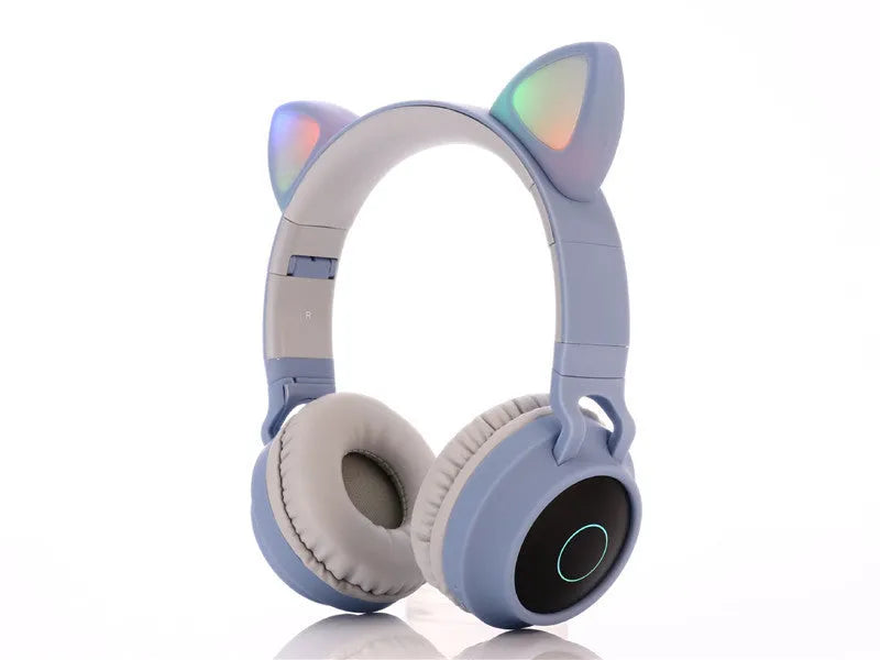 Cartoon cat ear wireless Bluetooth gaming headset shown in green, light blue, pink, purple, and skin tone colour options.