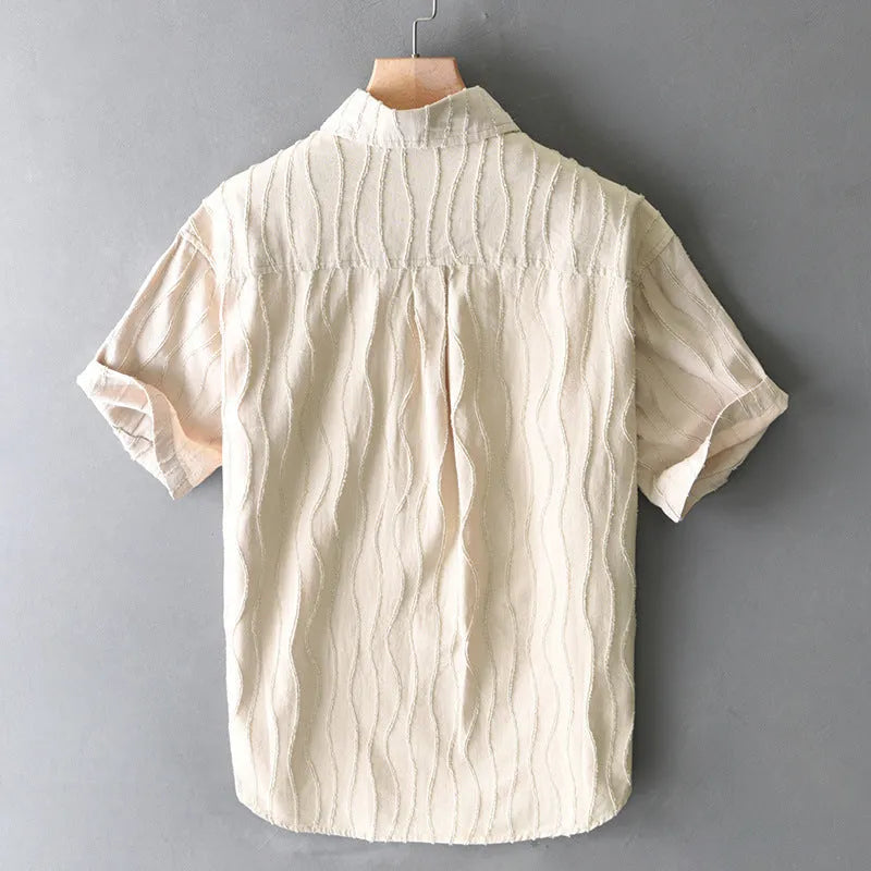 Men's apricot and army green pure cotton short sleeve casual shirt with Japanese fresh styling