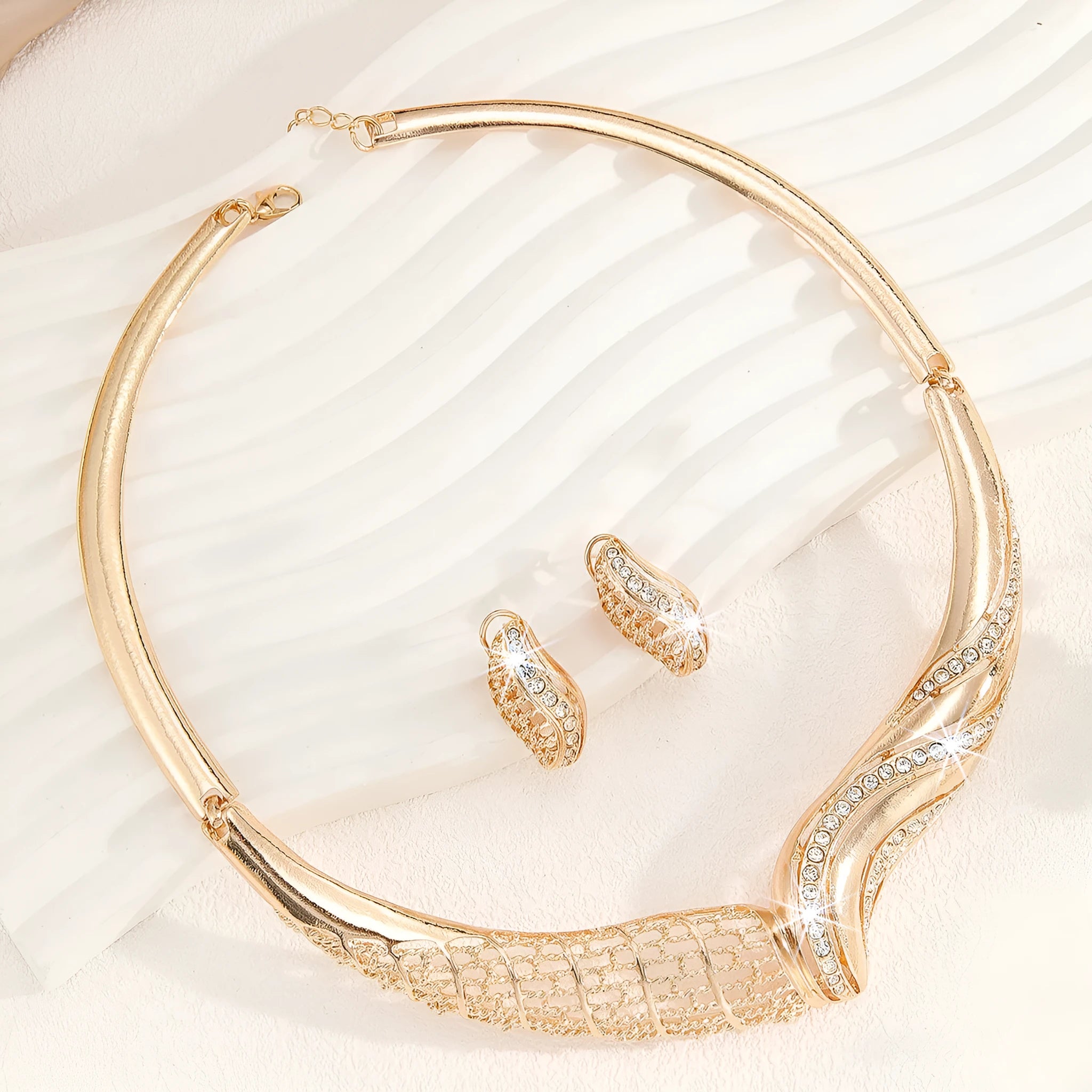 Gold alloy metal moon necklace and earrings suite for women with heart water drop bell patterns