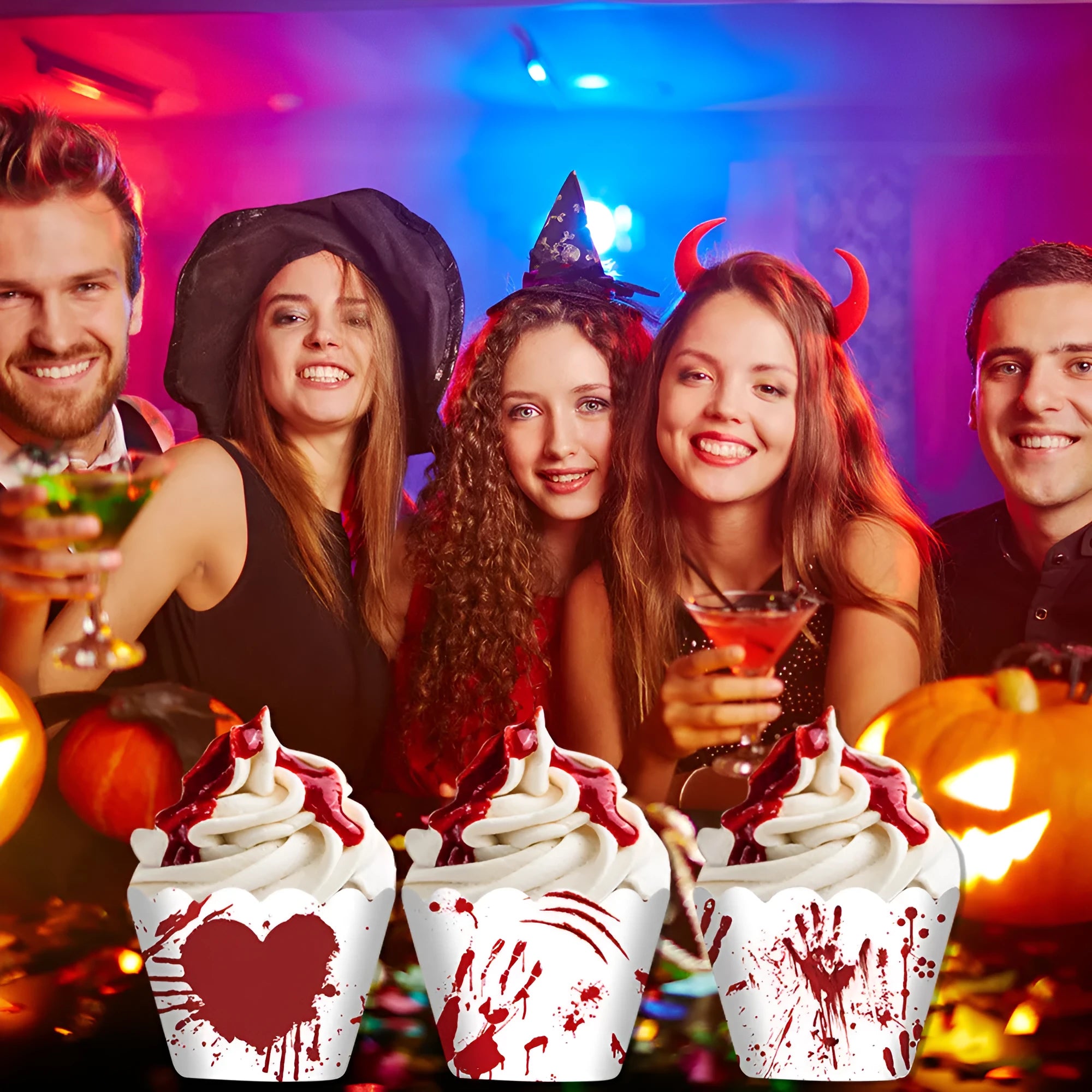 Red hand horror cupcake surrounding border on Halloween cake
