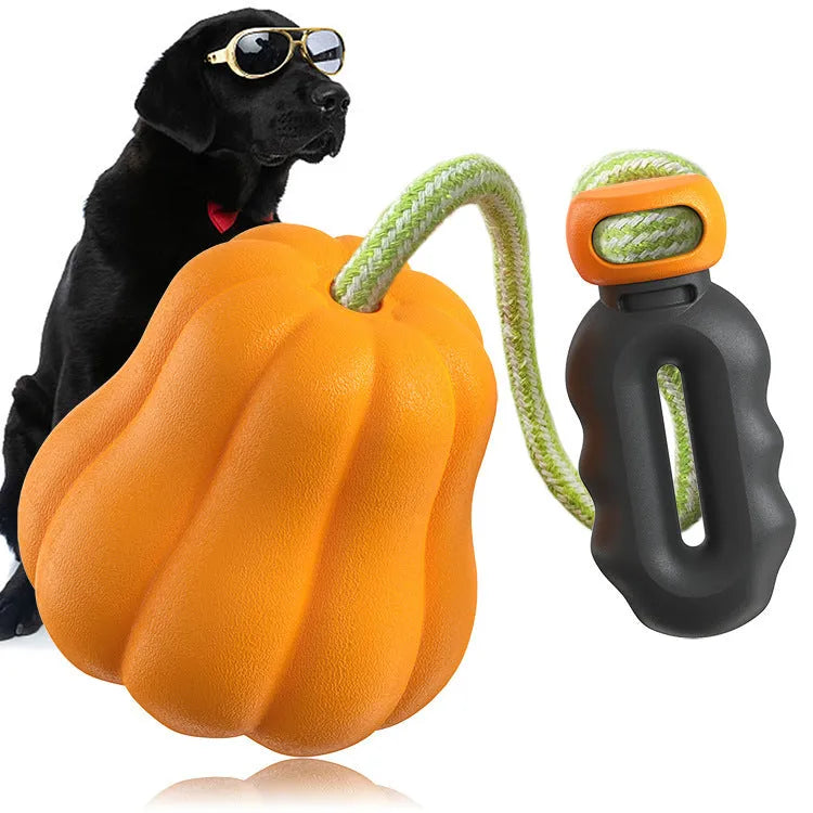 Orange plastic bite molar dog ball with rope attachment for outdoor fetch and chewing