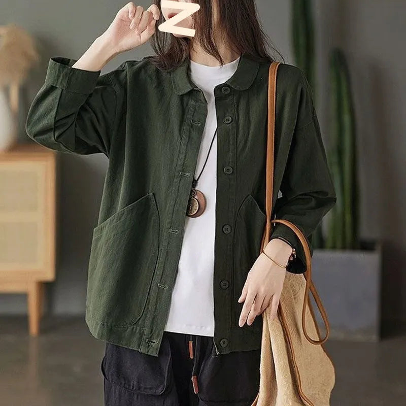 Retro cotton twill loose top with large pocket in khaki, women's casual commute style