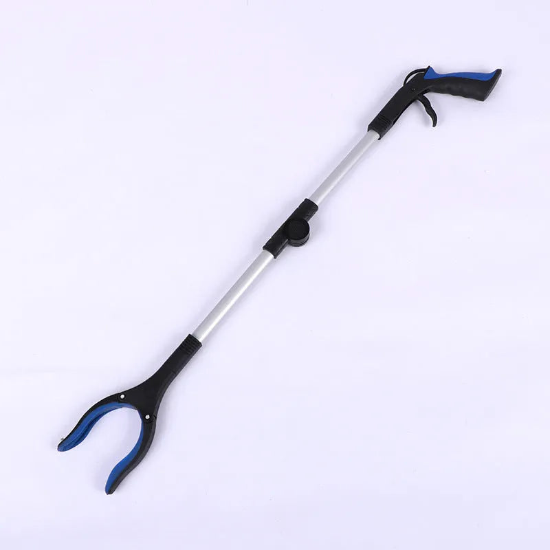 Silver folding rubbish grabber with blue handle extended to 80cm, showing magnet end.