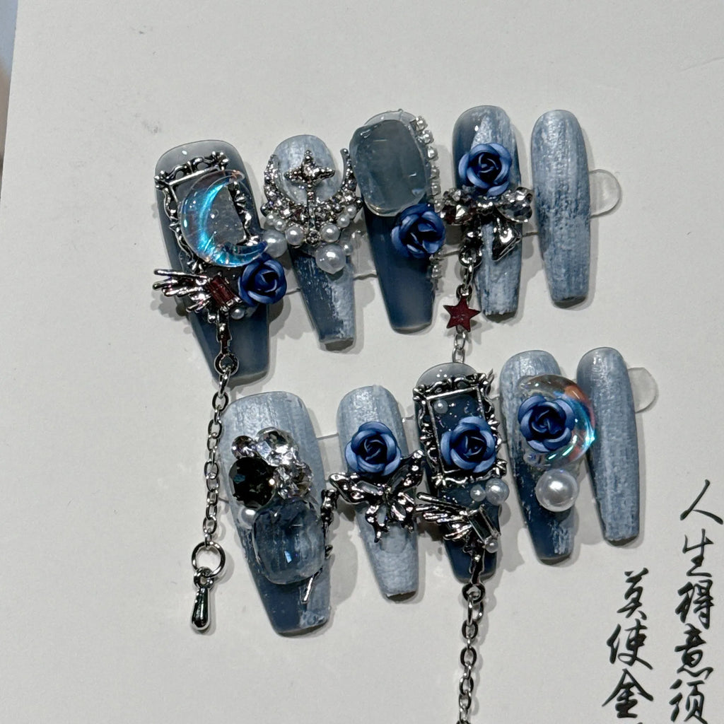 Blue plastic manicure armour suit with ornate rose and tulip floral patterns for evening wear.