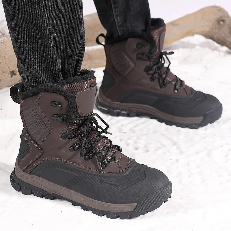 Men's black high-top winter boots with fleece lining and lace-up front, showing ribbed sole.
