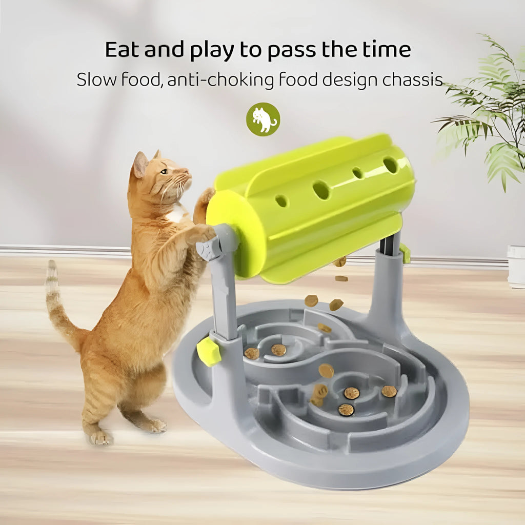 Blue adjustable height interactive pet puzzle feeder bowl with raised food tray patterns