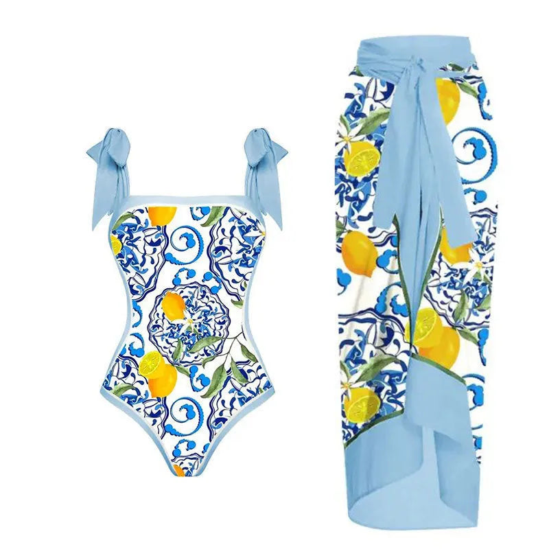 Women's retro floral one-piece swimsuit with chiffon skirt in multiple colour patterns