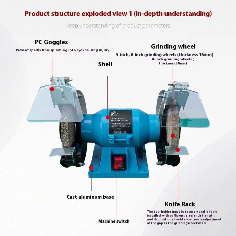 A 5-inch metal desktop polishing machine or bench grinder for sharpening knives.