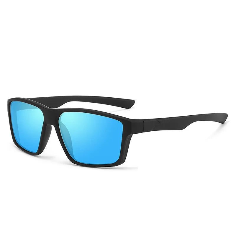 UV protection polarized sunglasses with quadrilateral frame in black frame and ice blue lenses