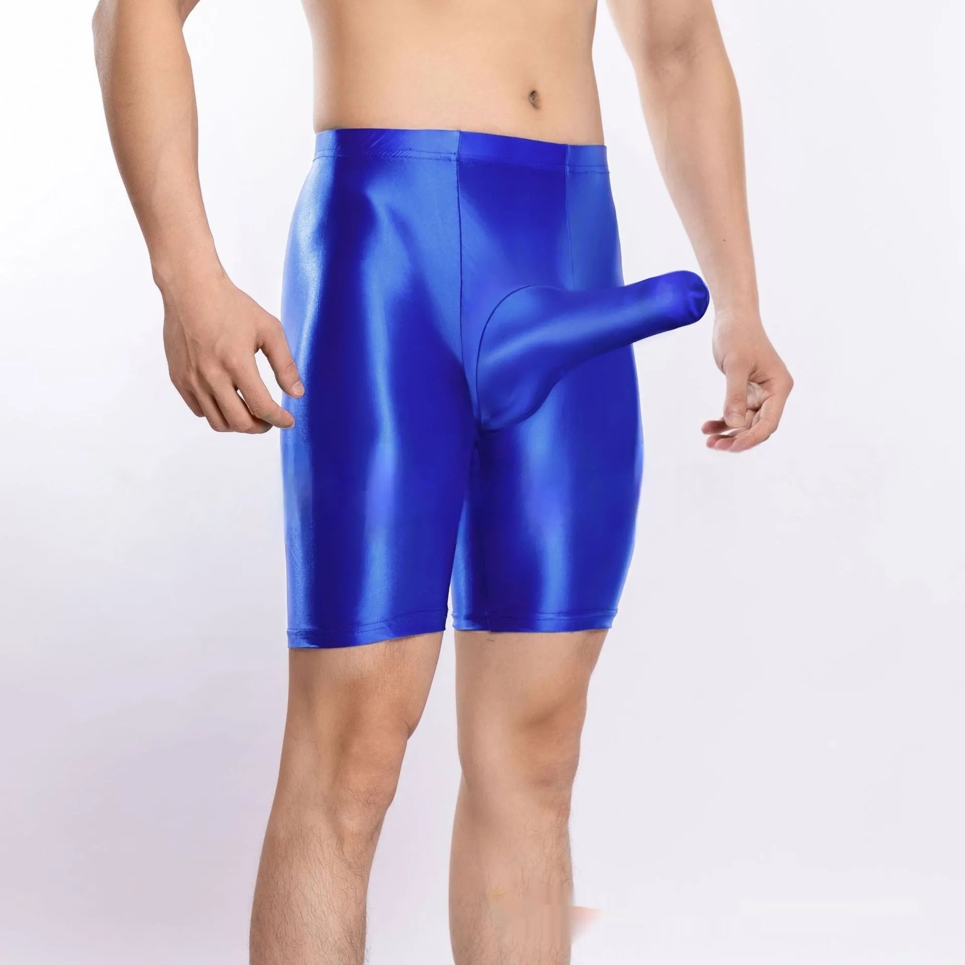 Plus size men's shiny silky nylon sports shorts shown in multiple colours including black, red, and fluorescent green