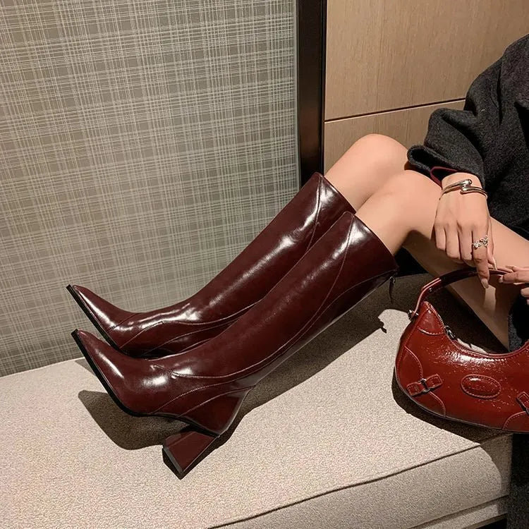 Women's retro Maillard tube high heel riding boots in cowhide leather with waterproof platform, black colour