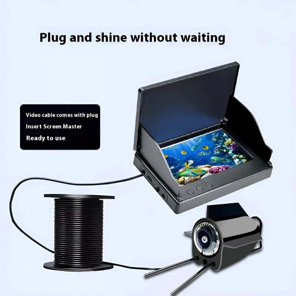 Underwater fish finder HD camera with 4.3-inch IPS screen showing underwater footage with night vision lights active.