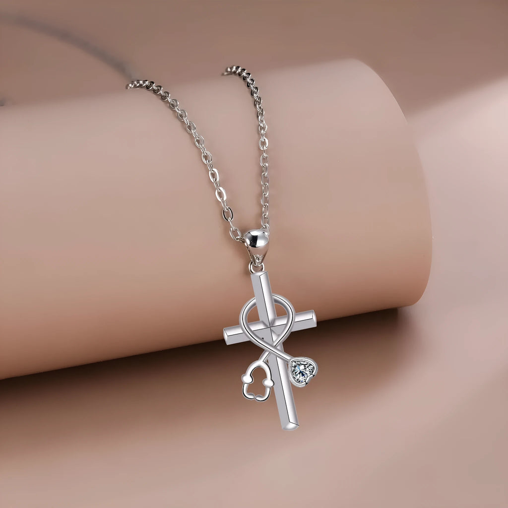 Women's copper stethoscope necklace with cross chain and electroplated finish
