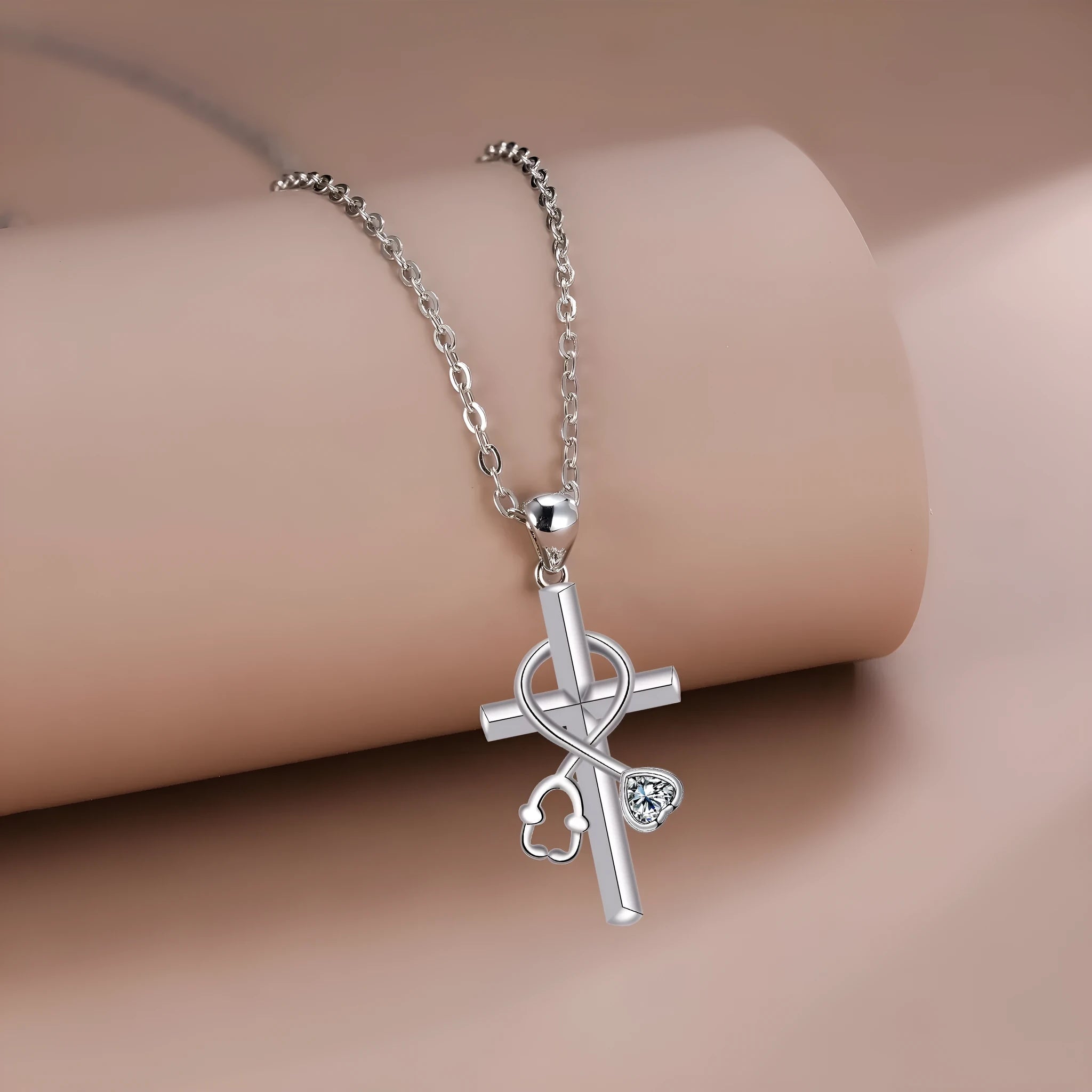 Women's copper stethoscope necklace with cross chain and electroplated finish