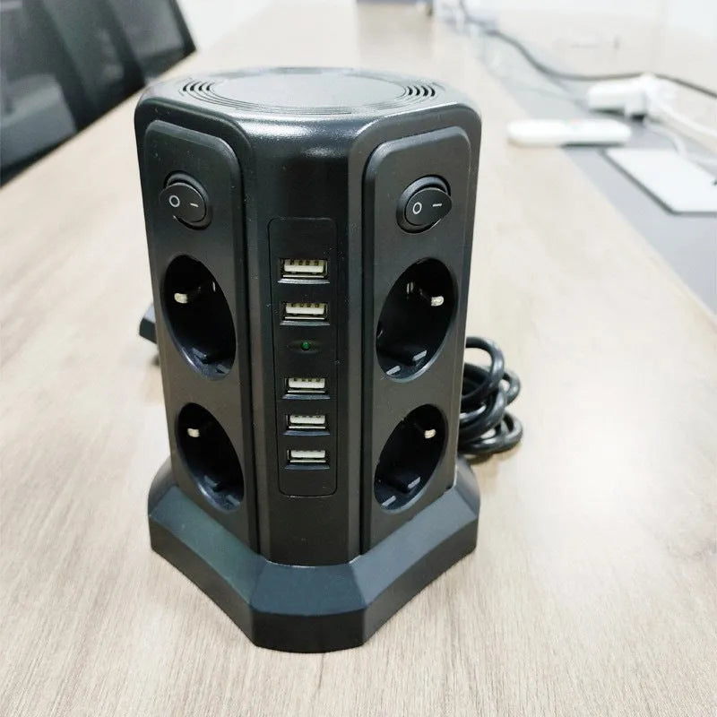 Desktop socket European standard 4 USB socket board in black vertical power strip with 3 sockets and 4 USB ports