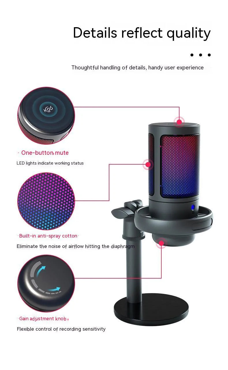 RGB condenser USB microphone for streaming in black, white or pink with 150cm cable