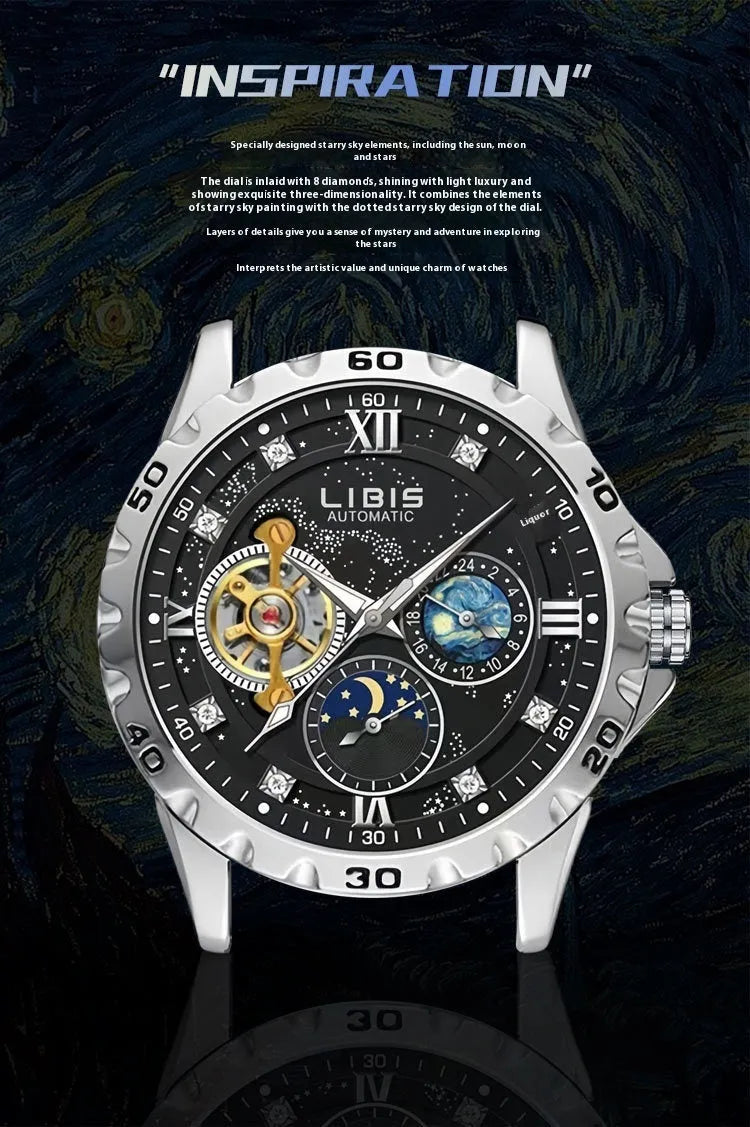 Men's silver case automatic mechanical watch with black starry dial, luminous hands and genuine leather strap