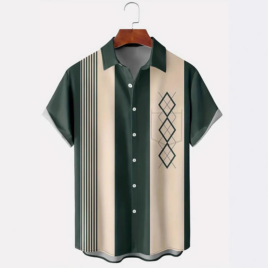 Men's plaid short-sleeve shirt cardigan with contrast lapel in elastic polyester fabric