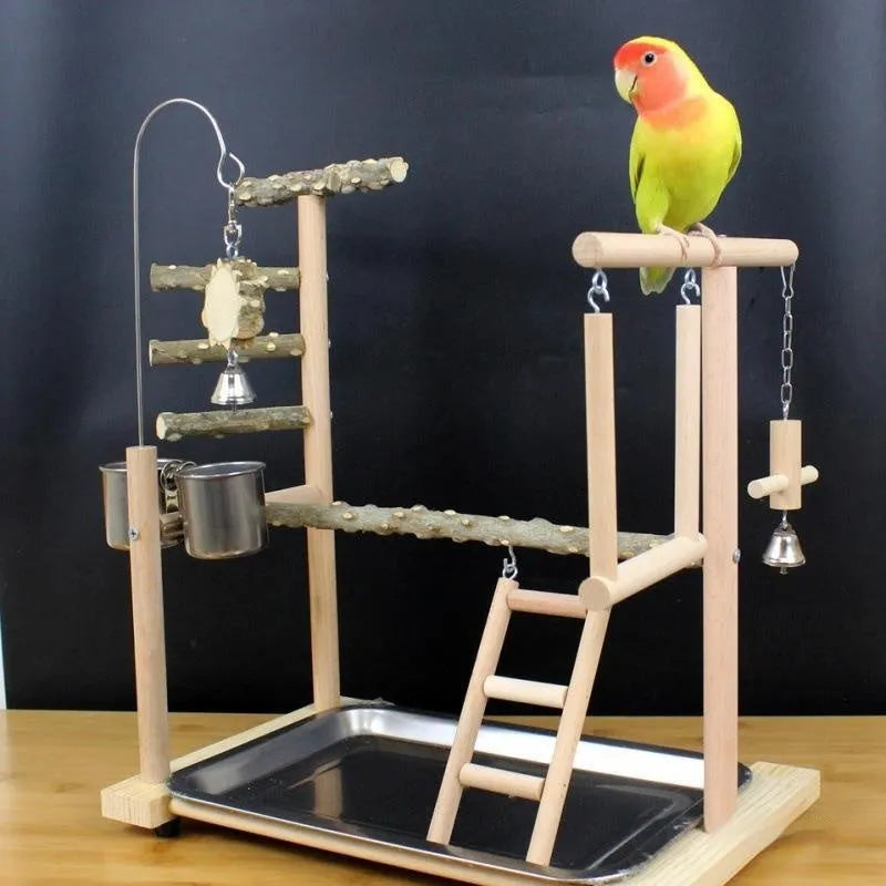 A pepper wood parrot play stand and toy gym for medium to large birds.
