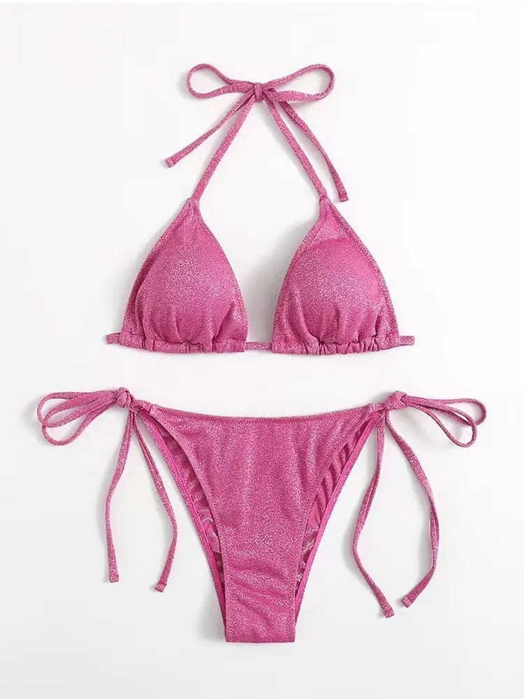 Women's bandage style bikini swimsuit with halter neck top and briefs in polyester fabric