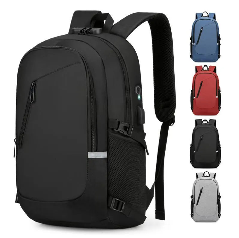 Blue Oxford cloth computer backpack with front pocket, shown next to grey and black colour options.