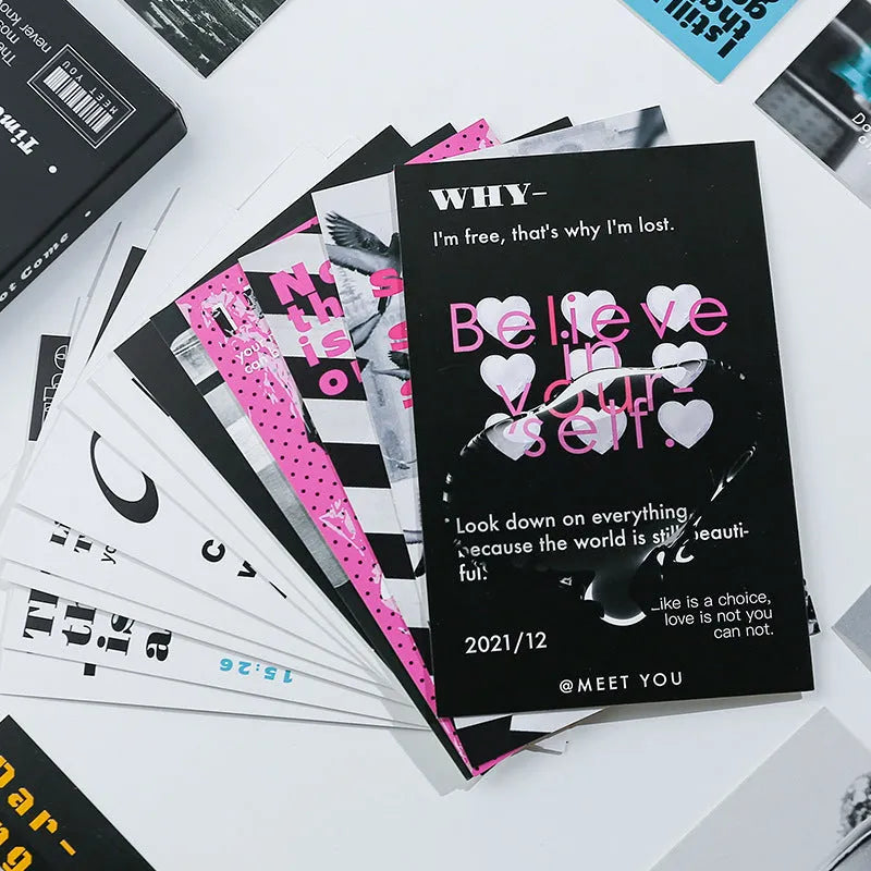 Set of two simple fresh-style printed postcards with 'Time Not Arrived' and 'Warm Wind Not Exhausted' designs.