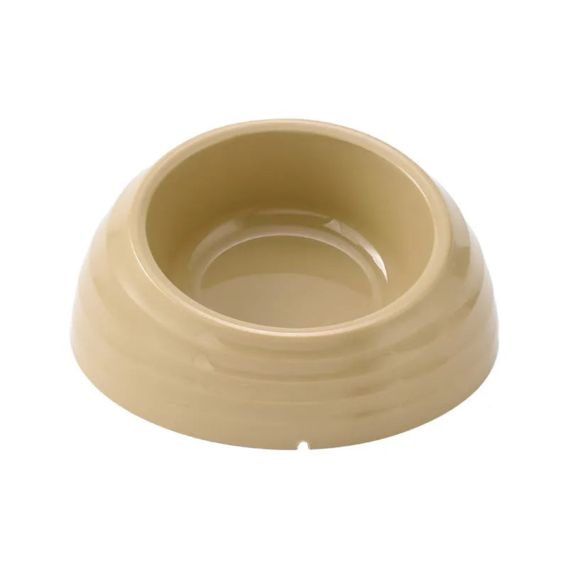 Stainless steel cat bowl in a beige plastic base