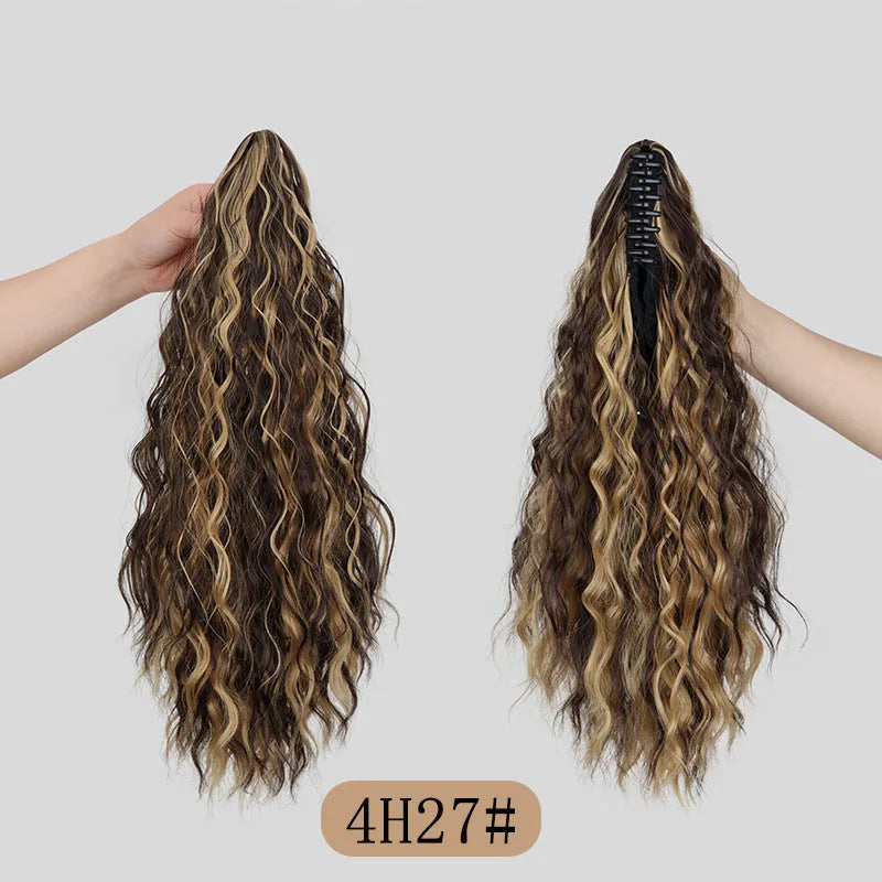 Synthetic corn curler wig ponytail with water ripple grip texture in multiple colour options on a white background.