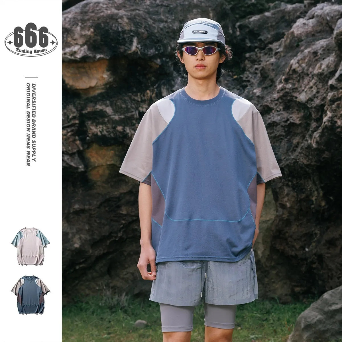 Men's loose patchwork contrast colour sports T-shirt with short raglan sleeves