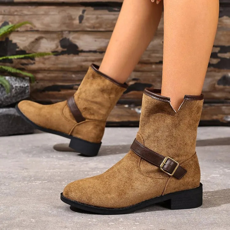 Women's casual metal buckle slip-on Martin boots, pointed toe, low shaft, rubber sole, khaki colour