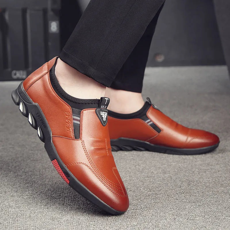 Men's black and brown PU business shoes with lace-up design and flat heel