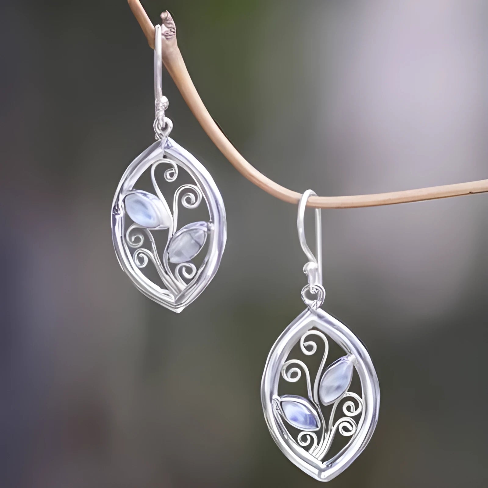 Silver alloy leaf earrings with embedded colourful moonstones for women
